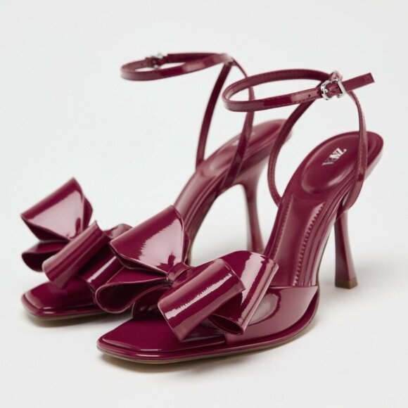 Zara Patent Leather Effect Bow Heel Sandal NWT Strawberry Red Size 37/ 6.5 - Picture 2 of 10